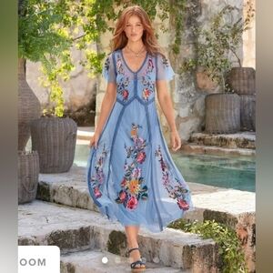 NWT Sundance Catalog Garden Soiree Blue Mist XS Maxi Dress Embroidered Whimsical
